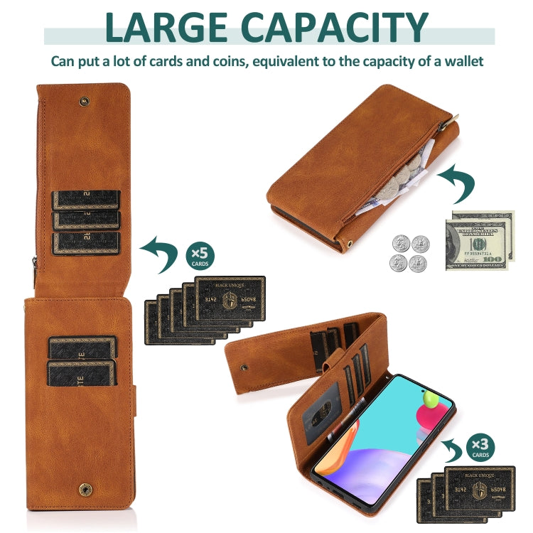 For Samsung Galaxy A52 5G Skin-feel Crazy Horse Texture Zipper Wallet Bag Horizontal Flip Leather Case with Holder & Card Slots & Wallet & Lanyard(Brown) by buy2fix