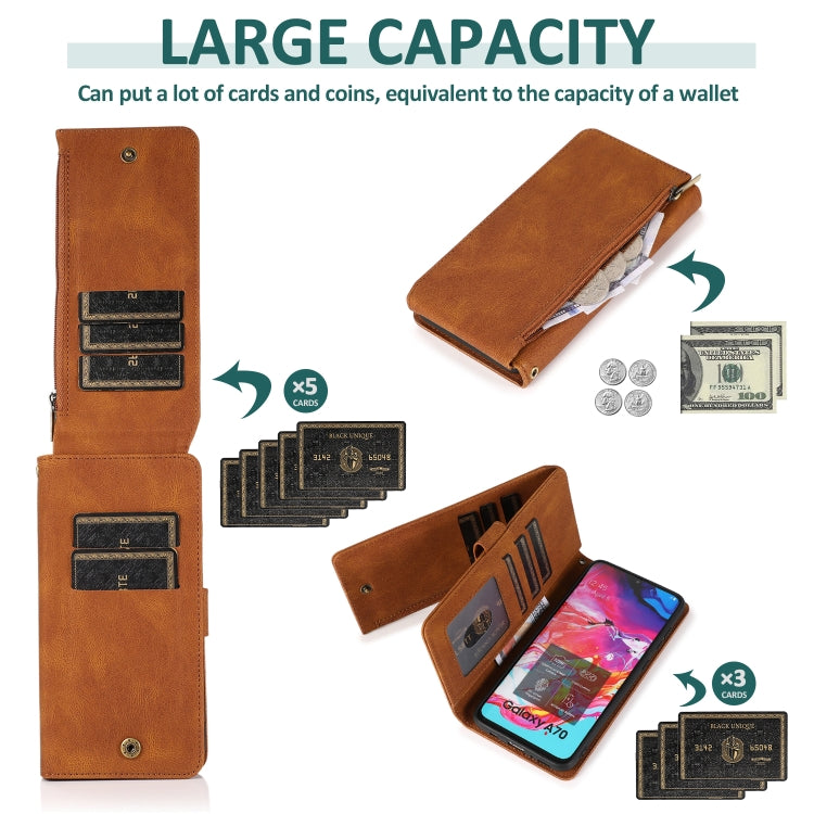 For Samsung Galaxy A70 Skin-feel Crazy Horse Texture Zipper Wallet Bag Horizontal Flip Leather Case with Holder & Card Slots & Wallet & Lanyard(Brown) by buy2fix