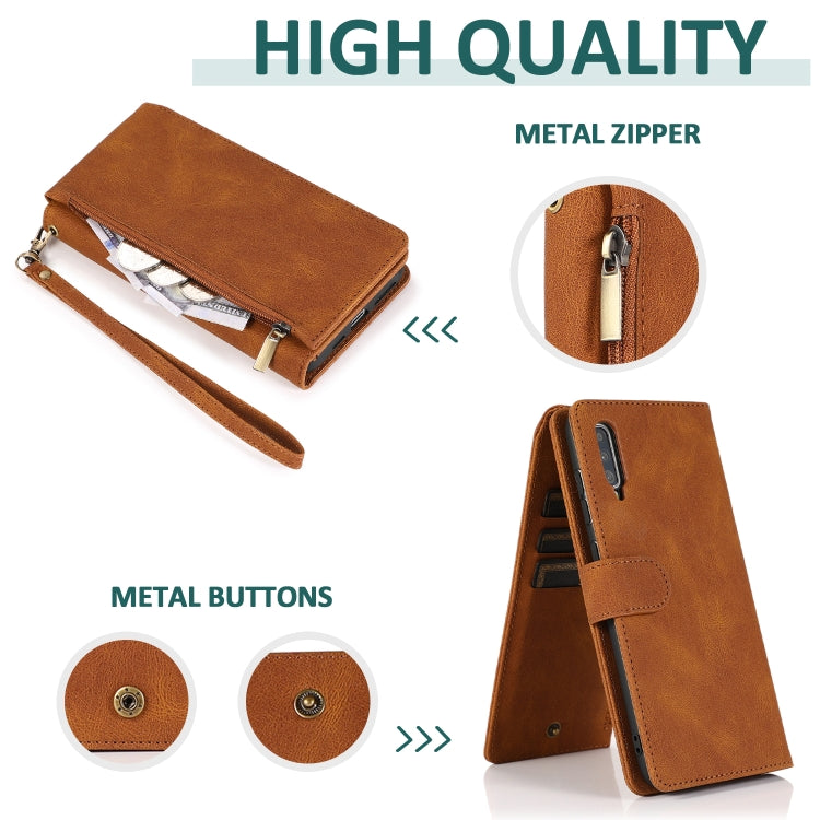 For Samsung Galaxy A70 Skin-feel Crazy Horse Texture Zipper Wallet Bag Horizontal Flip Leather Case with Holder & Card Slots & Wallet & Lanyard(Brown) by buy2fix