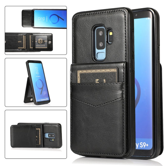 For Samsung Galaxy S9 Plus Solid Color PC + TPU Protective Case with Holder & Card Slots(Black) by buy2fix