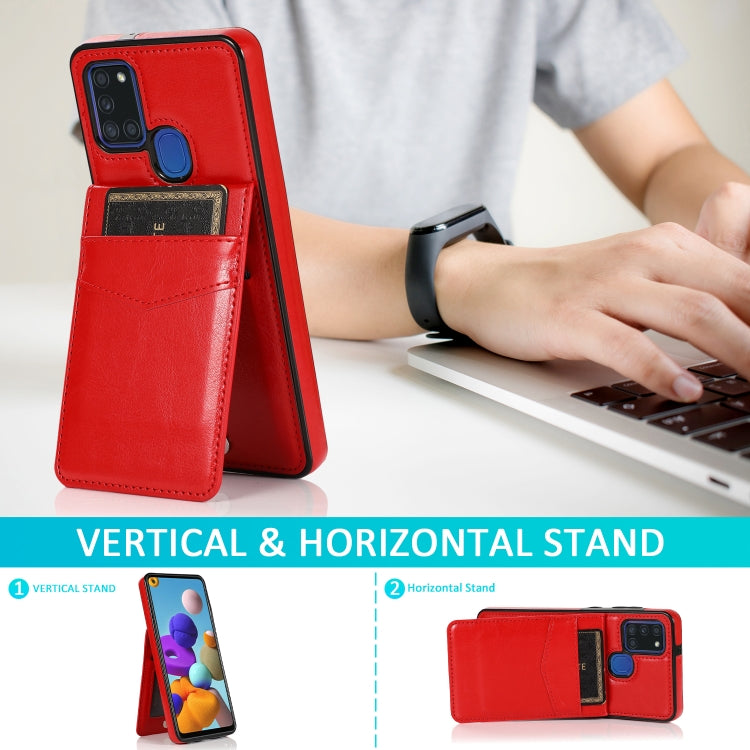 For Samsung Galaxy A21s Solid Color PC + TPU Protective Case with Holder & Card Slots(Red) by buy2fix