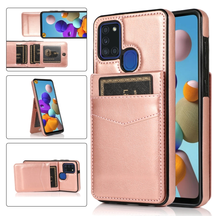 For Samsung Galaxy A21s Solid Color PC + TPU Protective Case with Holder & Card Slots(Rose Gold) by buy2fix