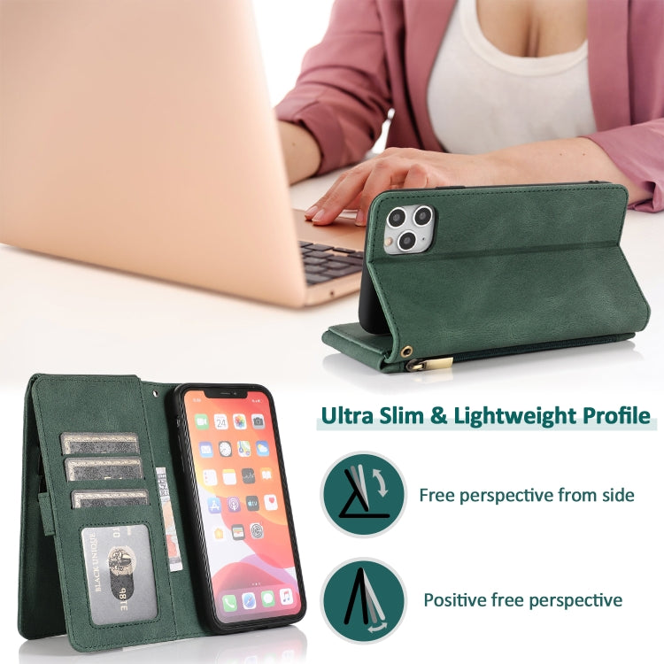 For iPhone 11 Skin-feel Crazy Horse Texture Zipper Wallet Bag Horizontal Flip Leather Case with Holder & Card Slots & Wallet & Lanyard (Dark Green) - iPhone 11 Cases by buy2fix | Online Shopping UK | buy2fix