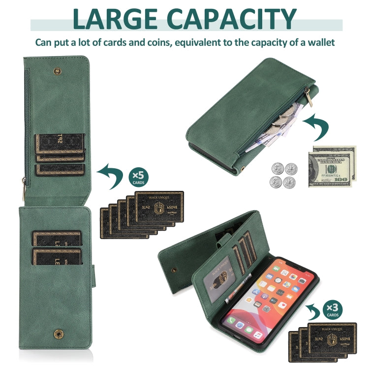 For iPhone 11 Skin-feel Crazy Horse Texture Zipper Wallet Bag Horizontal Flip Leather Case with Holder & Card Slots & Wallet & Lanyard (Dark Green) - iPhone 11 Cases by buy2fix | Online Shopping UK | buy2fix