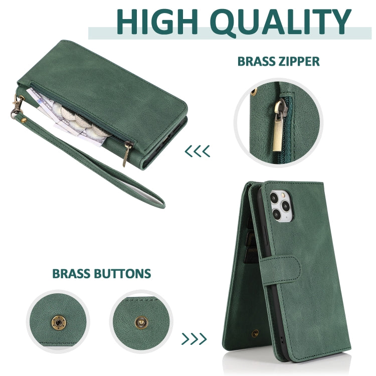For iPhone 11 Skin-feel Crazy Horse Texture Zipper Wallet Bag Horizontal Flip Leather Case with Holder & Card Slots & Wallet & Lanyard (Dark Green) - iPhone 11 Cases by buy2fix | Online Shopping UK | buy2fix