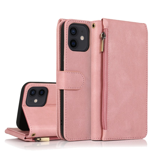 For iPhone 12 / 12 Pro Skin-feel Crazy Horse Texture Zipper Wallet Bag Horizontal Flip Leather Case with Holder & Card Slots & Wallet & Lanyard(Rose Gold) - iPhone 12 / 12 Pro Cases by buy2fix | Online Shopping UK | buy2fix