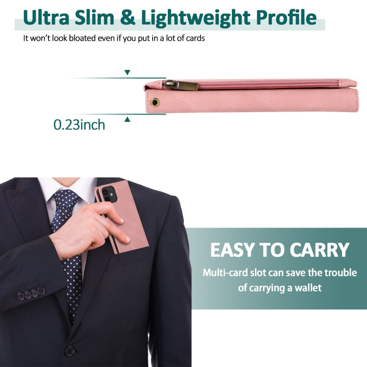 For iPhone 12 / 12 Pro Skin-feel Crazy Horse Texture Zipper Wallet Bag Horizontal Flip Leather Case with Holder & Card Slots & Wallet & Lanyard(Rose Gold) - iPhone 12 / 12 Pro Cases by buy2fix | Online Shopping UK | buy2fix