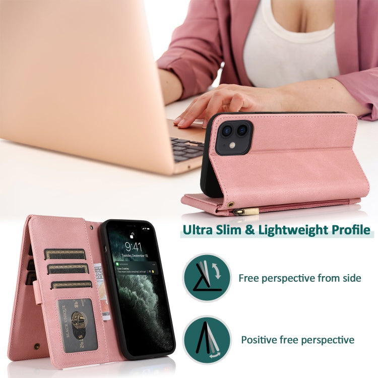 For iPhone 12 / 12 Pro Skin-feel Crazy Horse Texture Zipper Wallet Bag Horizontal Flip Leather Case with Holder & Card Slots & Wallet & Lanyard(Rose Gold) - iPhone 12 / 12 Pro Cases by buy2fix | Online Shopping UK | buy2fix