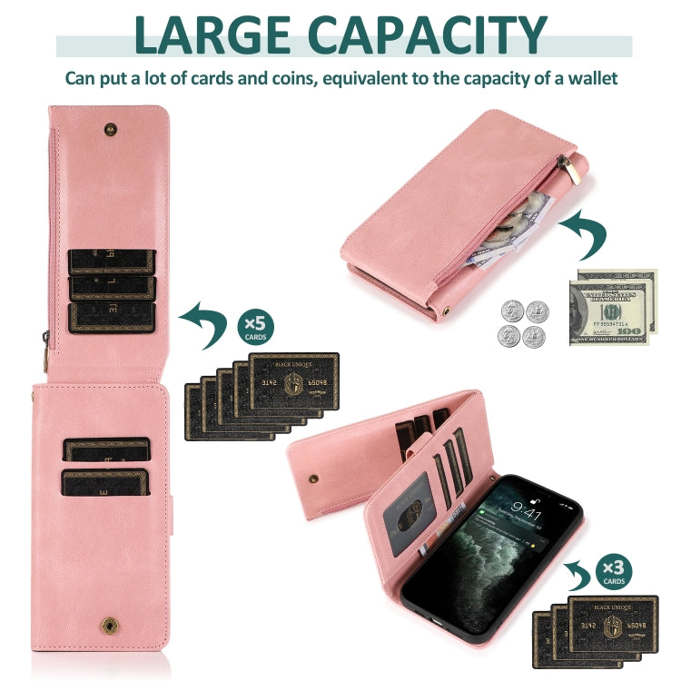 For iPhone 12 / 12 Pro Skin-feel Crazy Horse Texture Zipper Wallet Bag Horizontal Flip Leather Case with Holder & Card Slots & Wallet & Lanyard(Rose Gold) - iPhone 12 / 12 Pro Cases by buy2fix | Online Shopping UK | buy2fix