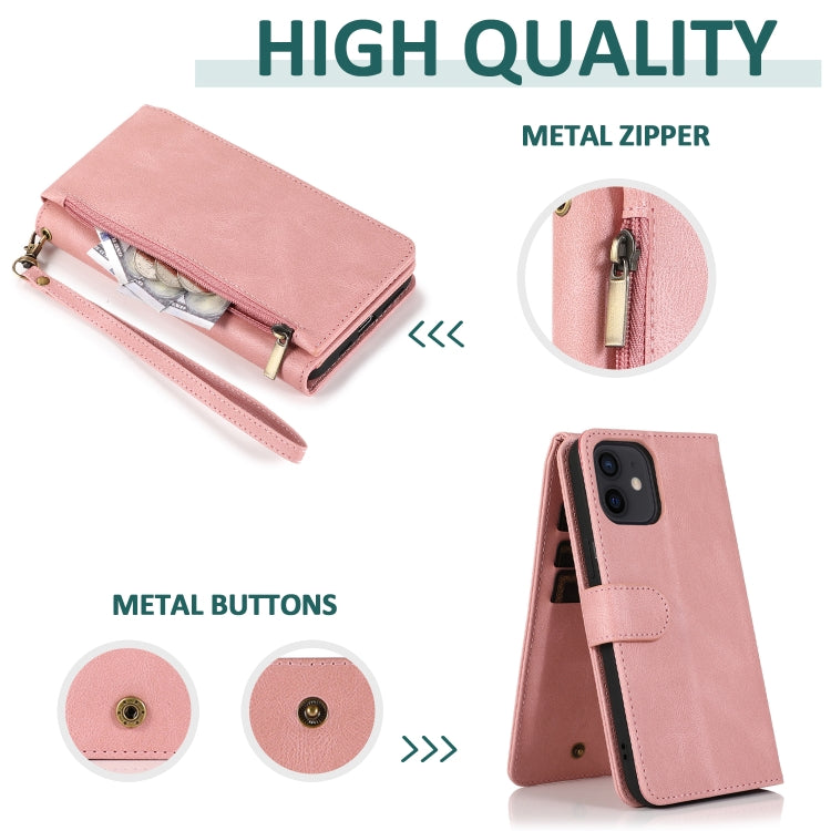 For iPhone 12 / 12 Pro Skin-feel Crazy Horse Texture Zipper Wallet Bag Horizontal Flip Leather Case with Holder & Card Slots & Wallet & Lanyard(Rose Gold) - iPhone 12 / 12 Pro Cases by buy2fix | Online Shopping UK | buy2fix