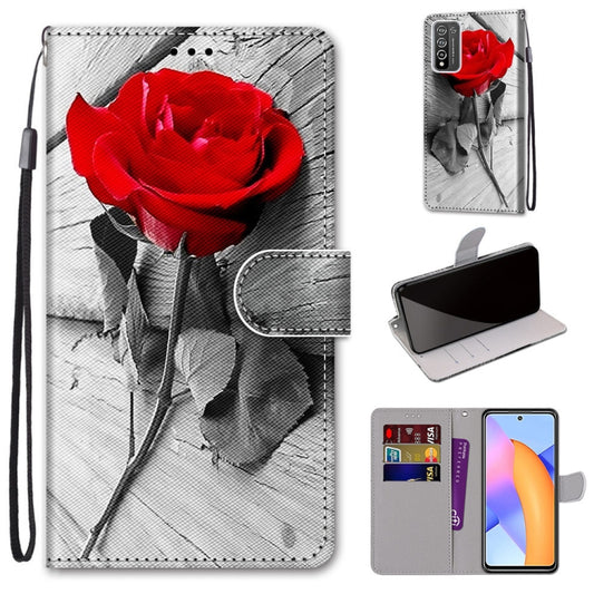 For Honor 10X Lite Coloured Drawing Cross Texture Horizontal Flip PU Leather Case with Holder & Card Slots & Wallet & Lanyard(Wood Red Rose) by buy2fix
