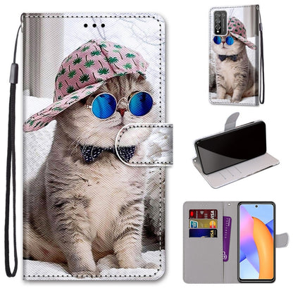 For Honor 10X Lite Coloured Drawing Cross Texture Horizontal Flip PU Leather Case with Holder & Card Slots & Wallet & Lanyard(Slant Hat Blue Mirror Cat) by buy2fix