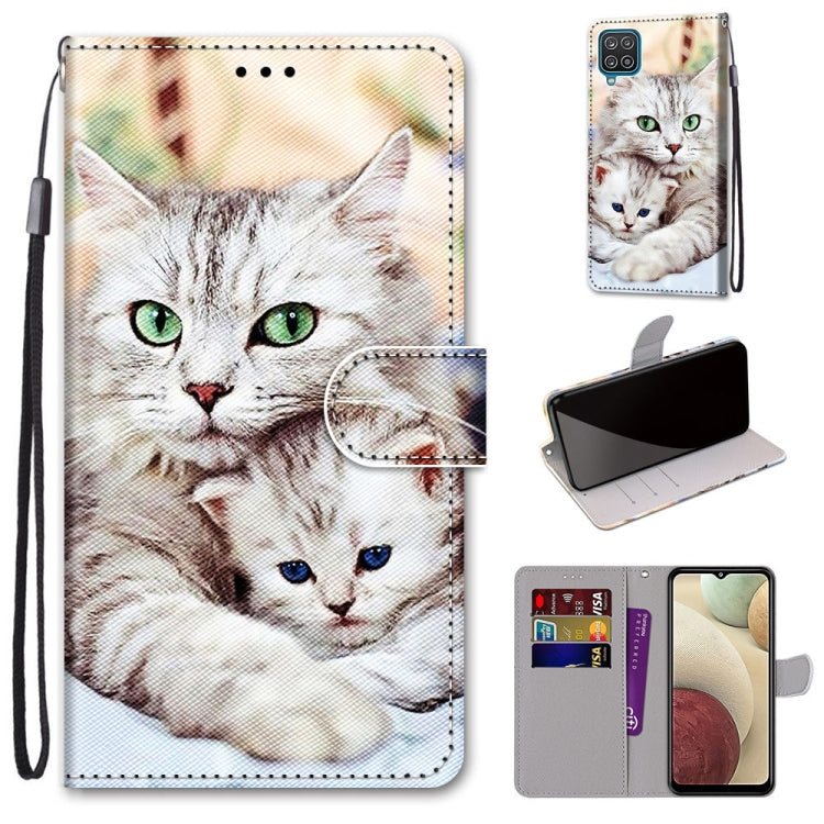 For Samsung Galaxy A12 / M12 Coloured Drawing Cross Texture Horizontal Flip PU Leather Case with Holder & Card Slots & Wallet & Lanyard(Big Cat Holding Kitten) by buy2fix