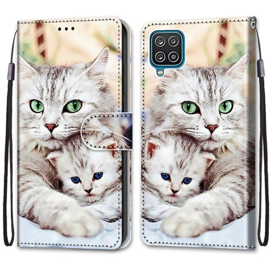 For Samsung Galaxy A12 / M12 Coloured Drawing Cross Texture Horizontal Flip PU Leather Case with Holder & Card Slots & Wallet & Lanyard(Big Cat Holding Kitten) by buy2fix