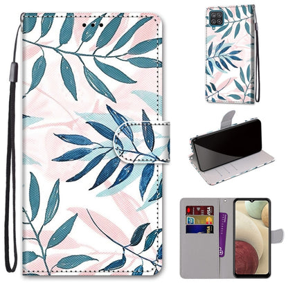 For Samsung Galaxy A12 / M12 Coloured Drawing Cross Texture Horizontal Flip PU Leather Case with Holder & Card Slots & Wallet & Lanyard(Pink Green Leaf) by buy2fix