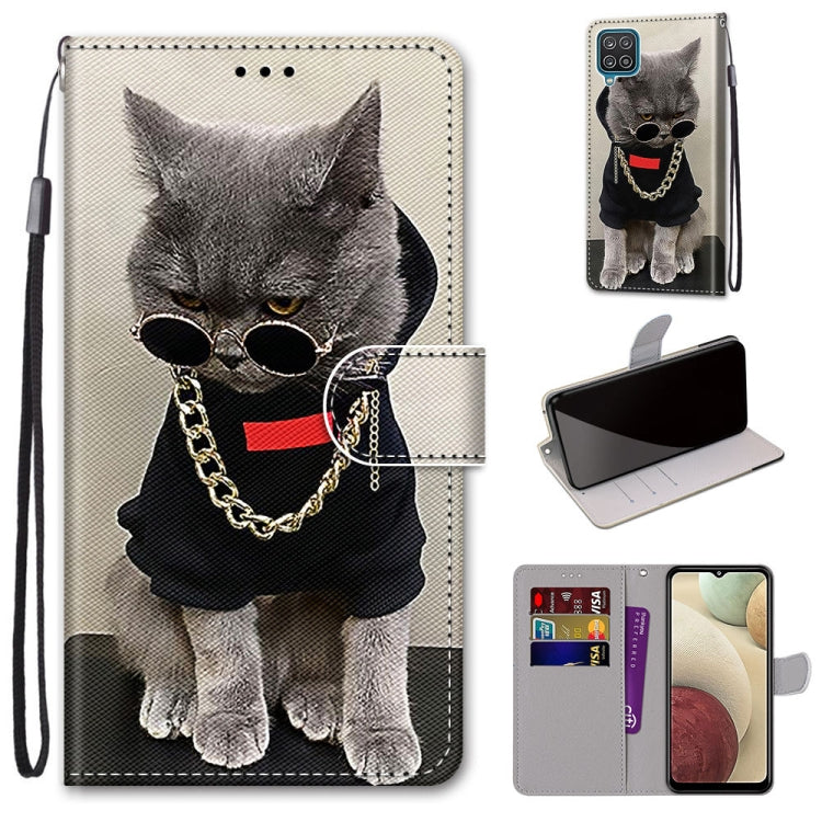 For Samsung Galaxy A12 / M12 Coloured Drawing Cross Texture Horizontal Flip PU Leather Case with Holder & Card Slots & Wallet & Lanyard(Golden Chain Grey Cat) by buy2fix