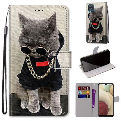 For Samsung Galaxy A12 / M12 Coloured Drawing Cross Texture Horizontal Flip PU Leather Case with Holder & Card Slots & Wallet & Lanyard(Golden Chain Grey Cat) by buy2fix