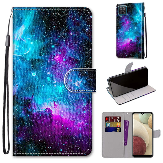 For Samsung Galaxy A12 / M12 Coloured Drawing Cross Texture Horizontal Flip PU Leather Case with Holder & Card Slots & Wallet & Lanyard(Purple Green Starry Sky) - Galaxy Phone Cases by buy2fix | Online Shopping UK | buy2fix