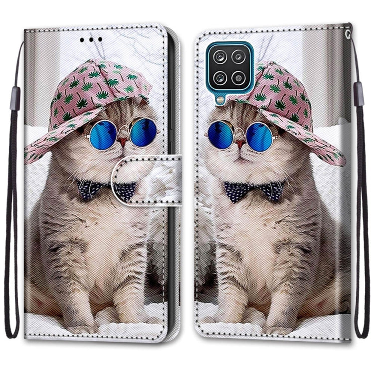 For Samsung Galaxy A12 / M12 Coloured Drawing Cross Texture Horizontal Flip PU Leather Case with Holder & Card Slots & Wallet & Lanyard(Slant Hat Blue Mirror Cat) by buy2fix