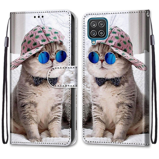 For Samsung Galaxy A12 / M12 Coloured Drawing Cross Texture Horizontal Flip PU Leather Case with Holder & Card Slots & Wallet & Lanyard(Slant Hat Blue Mirror Cat) by buy2fix