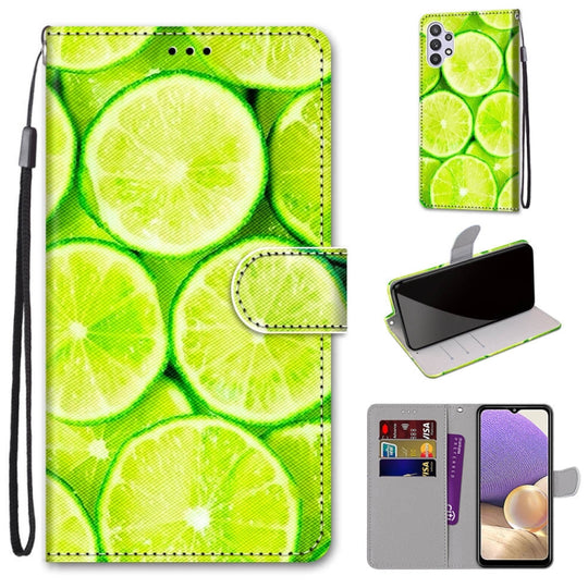 For Samsung Galaxy A32 5G Coloured Drawing Cross Texture Horizontal Flip PU Leather Case with Holder & Card Slots & Wallet & Lanyard(Green Lemon)