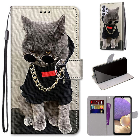 For Samsung Galaxy A32 5G Coloured Drawing Cross Texture Horizontal Flip PU Leather Case with Holder & Card Slots & Wallet & Lanyard(Golden Chain Grey Cat)