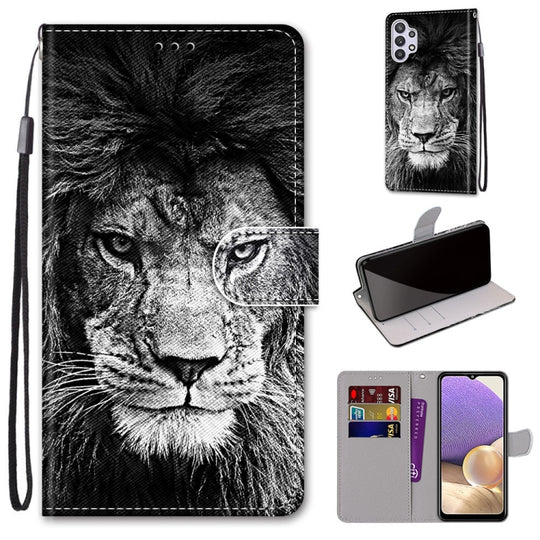 For Samsung Galaxy A32 5G Coloured Drawing Cross Texture Horizontal Flip PU Leather Case with Holder & Card Slots & Wallet & Lanyard(Black White Lion Head)