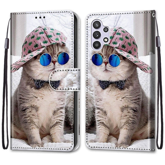 For Samsung Galaxy A32 5G Coloured Drawing Cross Texture Horizontal Flip PU Leather Case with Holder & Card Slots & Wallet & Lanyard(Slant Hat Blue Mirror Cat) - Motorola Cases by buy2fix | Online Shopping UK | buy2fix