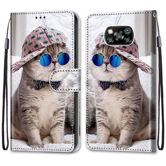 For Xiaomi Poco X3 NPC Coloured Drawing Cross Texture Horizontal Flip PU Leather Case with Holder & Card Slots & Wallet & Lanyard(Slant Hat Blue Mirror Cat) - Xiaomi Cases by buy2fix | Online Shopping UK | buy2fix