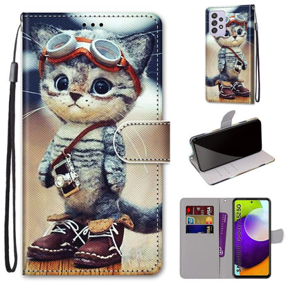 For Samsung Galaxy A52 5G Coloured Drawing Cross Texture Horizontal Flip PU Leather Case with Holder & Card Slots & Wallet & Lanyard(Leather Shoes Cat) by buy2fix