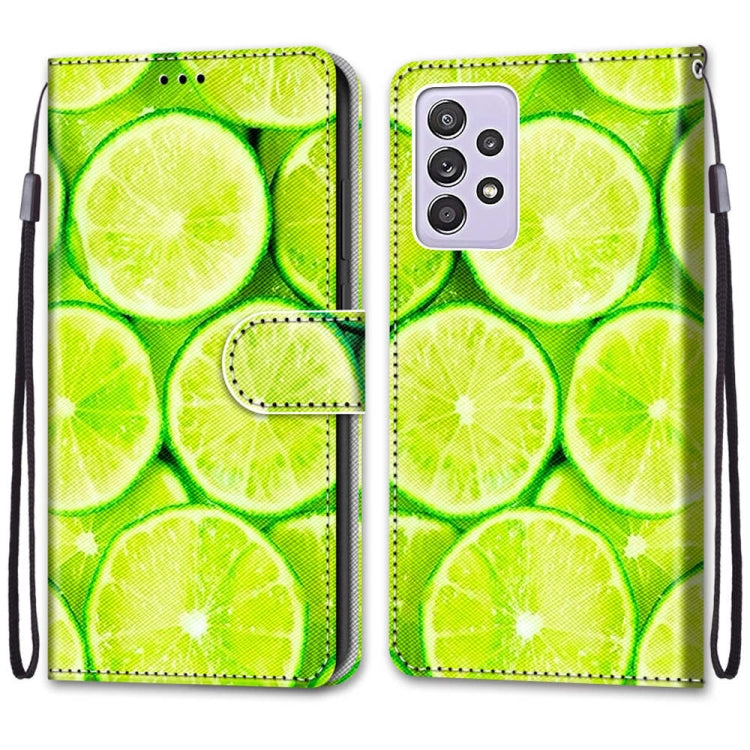 For Samsung Galaxy A52 5G Coloured Drawing Cross Texture Horizontal Flip PU Leather Case with Holder & Card Slots & Wallet & Lanyard(Green Lemon) by buy2fix