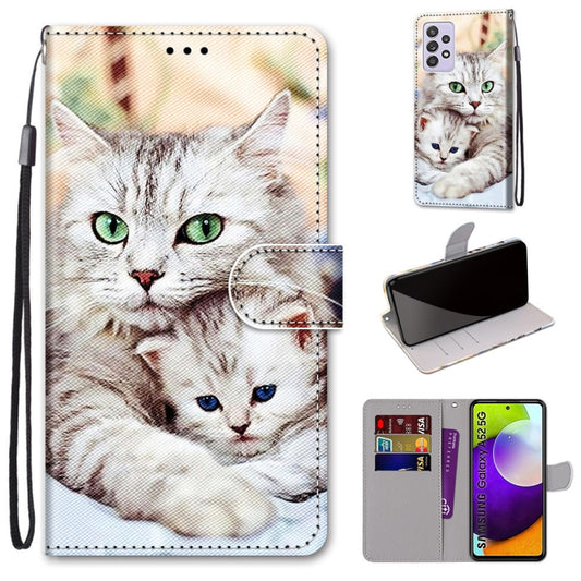 For Samsung Galaxy A52 5G Coloured Drawing Cross Texture Horizontal Flip PU Leather Case with Holder & Card Slots & Wallet & Lanyard(Big Cat Holding Kitten) by buy2fix