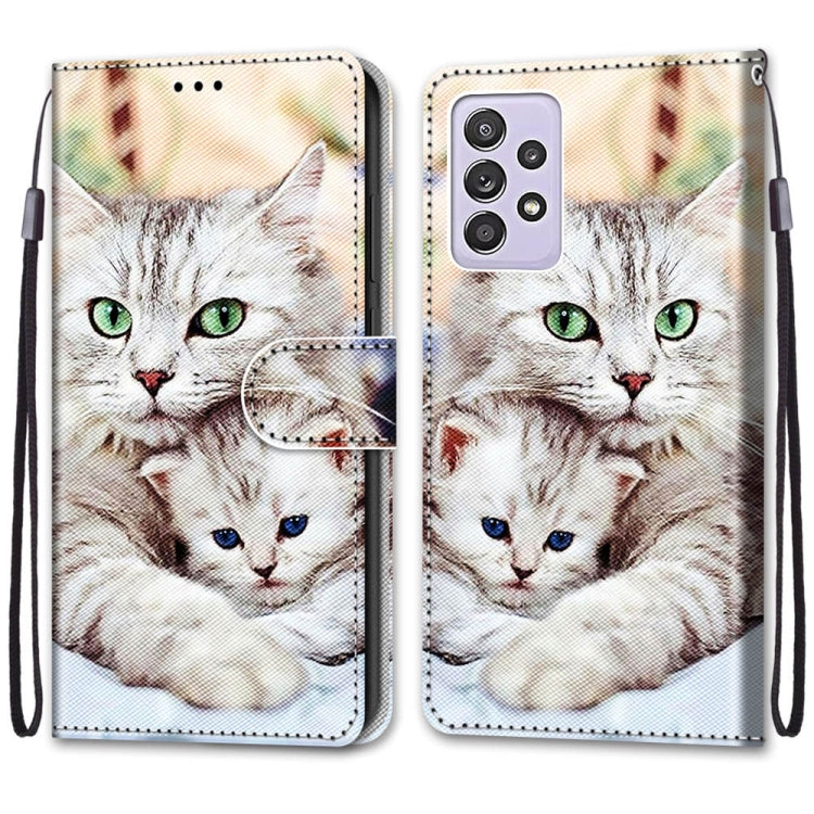 For Samsung Galaxy A52 5G Coloured Drawing Cross Texture Horizontal Flip PU Leather Case with Holder & Card Slots & Wallet & Lanyard(Big Cat Holding Kitten) by buy2fix