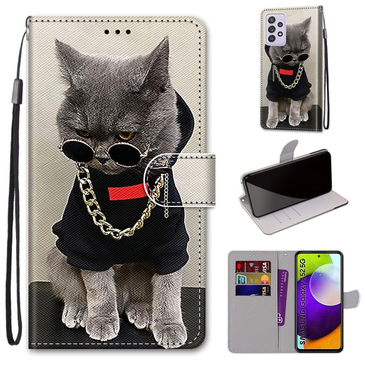 For Samsung Galaxy A52 5G Coloured Drawing Cross Texture Horizontal Flip PU Leather Case with Holder & Card Slots & Wallet & Lanyard(Golden Chain Grey Cat) by buy2fix