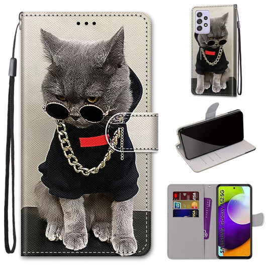 For Samsung Galaxy A52 5G Coloured Drawing Cross Texture Horizontal Flip PU Leather Case with Holder & Card Slots & Wallet & Lanyard(Golden Chain Grey Cat) by buy2fix