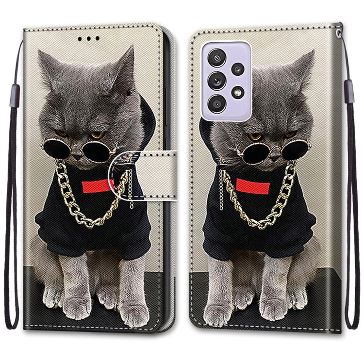 For Samsung Galaxy A52 5G Coloured Drawing Cross Texture Horizontal Flip PU Leather Case with Holder & Card Slots & Wallet & Lanyard(Golden Chain Grey Cat) by buy2fix