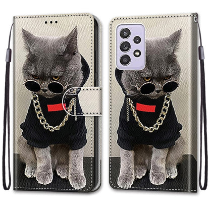For Samsung Galaxy A52 5G Coloured Drawing Cross Texture Horizontal Flip PU Leather Case with Holder & Card Slots & Wallet & Lanyard(Golden Chain Grey Cat) by buy2fix