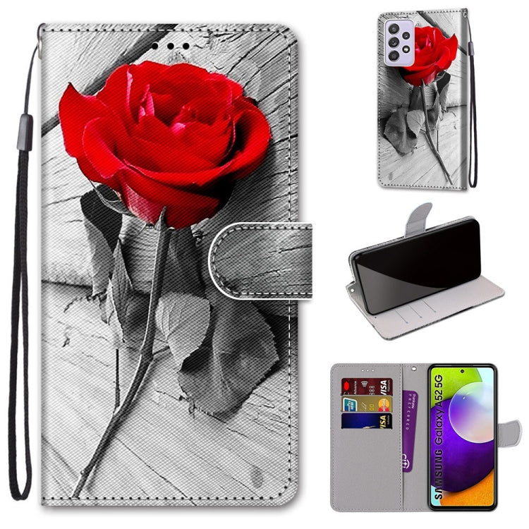 For Samsung Galaxy A52 5G Coloured Drawing Cross Texture Horizontal Flip PU Leather Case with Holder & Card Slots & Wallet & Lanyard(Wood Red Rose) by buy2fix