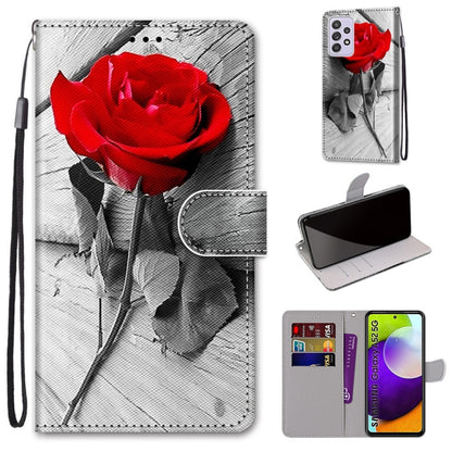 For Samsung Galaxy A52 5G Coloured Drawing Cross Texture Horizontal Flip PU Leather Case with Holder & Card Slots & Wallet & Lanyard(Wood Red Rose) by buy2fix