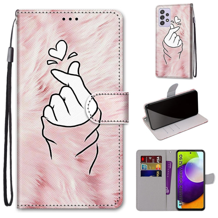For Samsung Galaxy A52 5G Coloured Drawing Cross Texture Horizontal Flip PU Leather Case with Holder & Card Slots & Wallet & Lanyard(Pink Hands Heart) by buy2fix