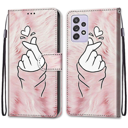 For Samsung Galaxy A52 5G Coloured Drawing Cross Texture Horizontal Flip PU Leather Case with Holder & Card Slots & Wallet & Lanyard(Pink Hands Heart) by buy2fix