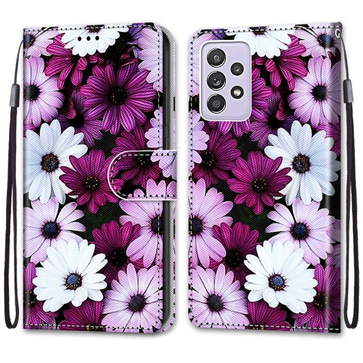For Samsung Galaxy A52 5G Coloured Drawing Cross Texture Horizontal Flip PU Leather Case with Holder & Card Slots & Wallet & Lanyard(Chrysanthemum Pink White Purple) by buy2fix