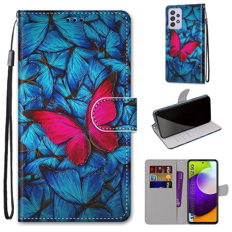 For Samsung Galaxy A52 5G Coloured Drawing Cross Texture Horizontal Flip PU Leather Case with Holder & Card Slots & Wallet & Lanyard(Blue Red Butterfly) by buy2fix