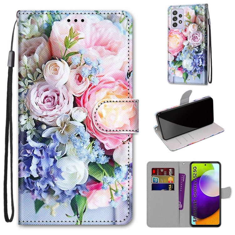 For Samsung Galaxy A52 5G Coloured Drawing Cross Texture Horizontal Flip PU Leather Case with Holder & Card Slots & Wallet & Lanyard(Light Pink Bouquet) by buy2fix