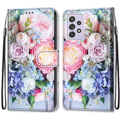 For Samsung Galaxy A52 5G Coloured Drawing Cross Texture Horizontal Flip PU Leather Case with Holder & Card Slots & Wallet & Lanyard(Light Pink Bouquet) by buy2fix