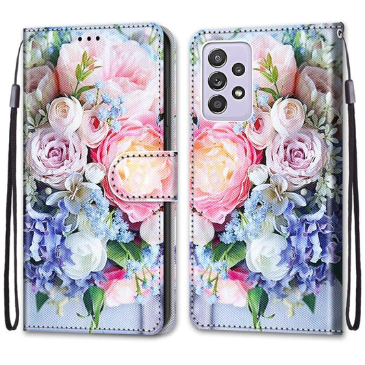 For Samsung Galaxy A52 5G Coloured Drawing Cross Texture Horizontal Flip PU Leather Case with Holder & Card Slots & Wallet & Lanyard(Light Pink Bouquet) by buy2fix
