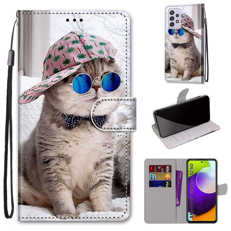 For Samsung Galaxy A52 5G Coloured Drawing Cross Texture Horizontal Flip PU Leather Case with Holder & Card Slots & Wallet & Lanyard(Slant Hat Blue Mirror Cat) by buy2fix