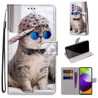 For Samsung Galaxy A52 5G Coloured Drawing Cross Texture Horizontal Flip PU Leather Case with Holder & Card Slots & Wallet & Lanyard(Slant Hat Blue Mirror Cat) by buy2fix