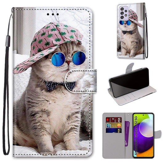 For Samsung Galaxy A52 5G Coloured Drawing Cross Texture Horizontal Flip PU Leather Case with Holder & Card Slots & Wallet & Lanyard(Slant Hat Blue Mirror Cat) by buy2fix