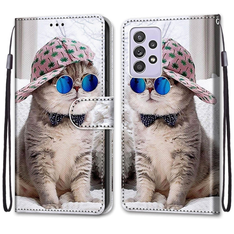 For Samsung Galaxy A52 5G Coloured Drawing Cross Texture Horizontal Flip PU Leather Case with Holder & Card Slots & Wallet & Lanyard(Slant Hat Blue Mirror Cat) by buy2fix